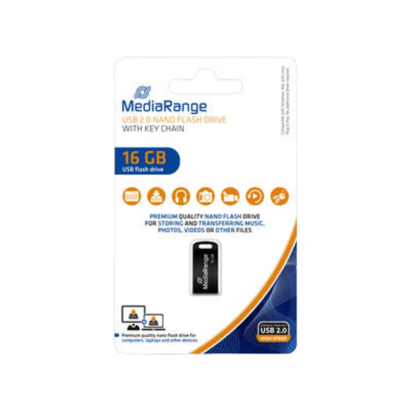 MediaRange MR921 USB Nano Flash Drive 16GB in verpakking.